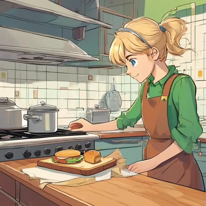 Kitchen, Blonde hair, blue eyes, inquisitive, Brown hair, green eyes, methodical, emphasizing the importance of listening, thinking, and following each step in coding and sandwich-making.