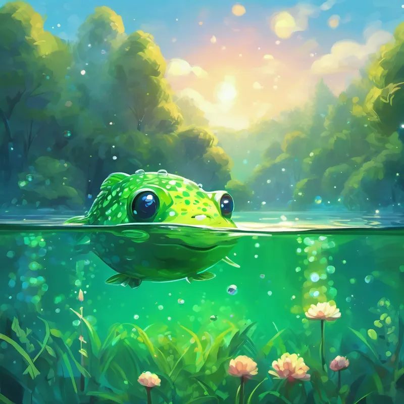 Green and spotted creature with big, curious eyes swimming in a peaceful lake, finding a sparkling crystal