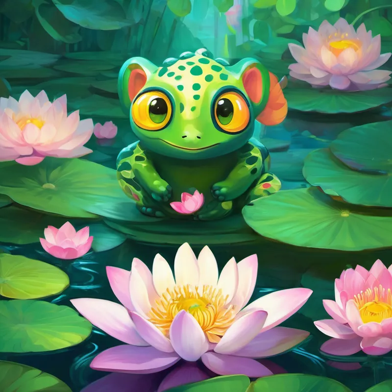 Green and spotted creature with big, curious eyes sitting on a lotus flower, surrounded by calmness and swirling colors