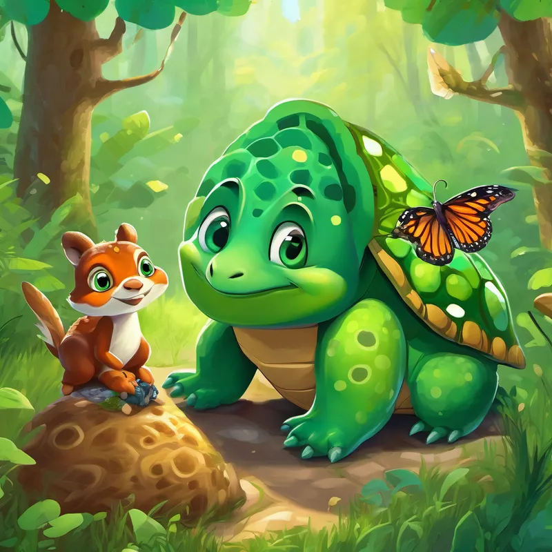 Green and spotted creature with big, curious eyes talking to a wise turtle, a curious squirrel, and a playful butterfly