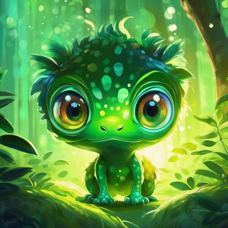 Green and spotted creature with big, curious eyes surrounded by a bright light, a look of understanding on his face