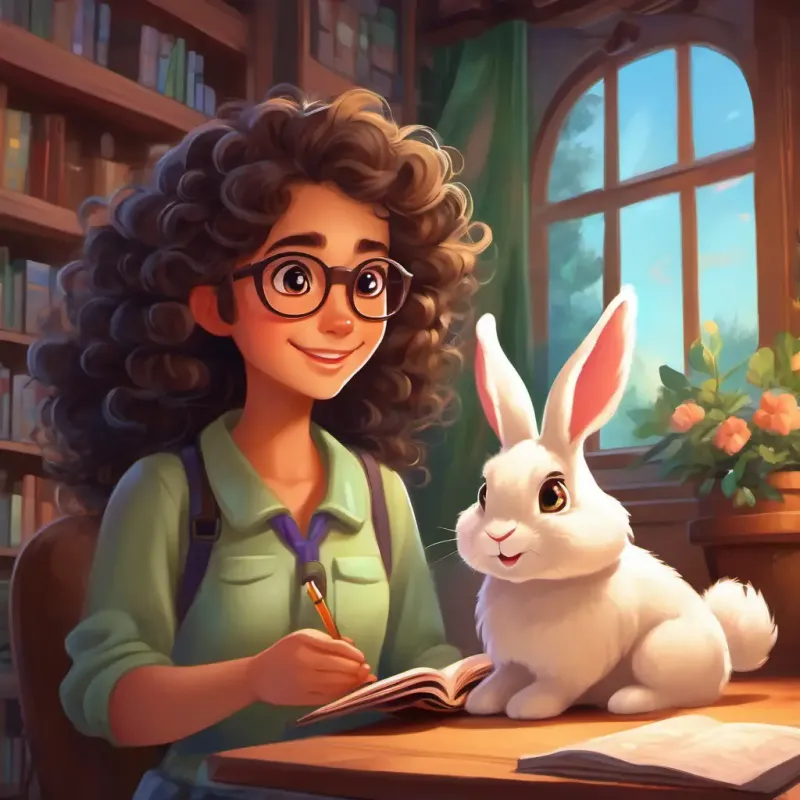 Kind psychologist with long curly hair and glasses, eyes sparkle with kindness prepares for her adventure with her trusty magical bunny, Magical fluffy bunny with twinkling eyes and a mischievous expression.