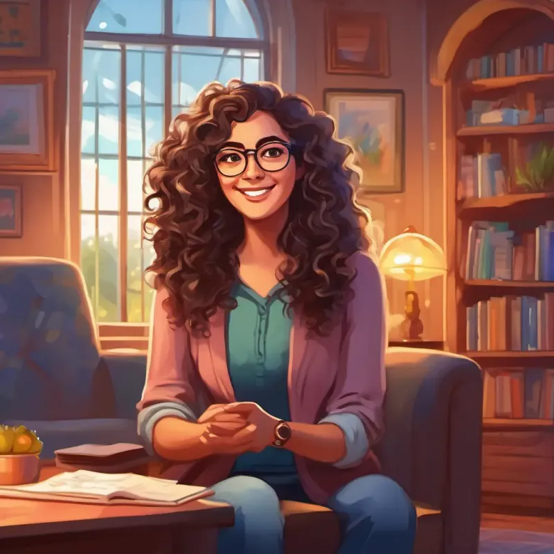 Kind psychologist with long curly hair and glasses, eyes sparkle with kindness spreads hope and happiness as she arrives in Brightsville for her surprise therapy session.