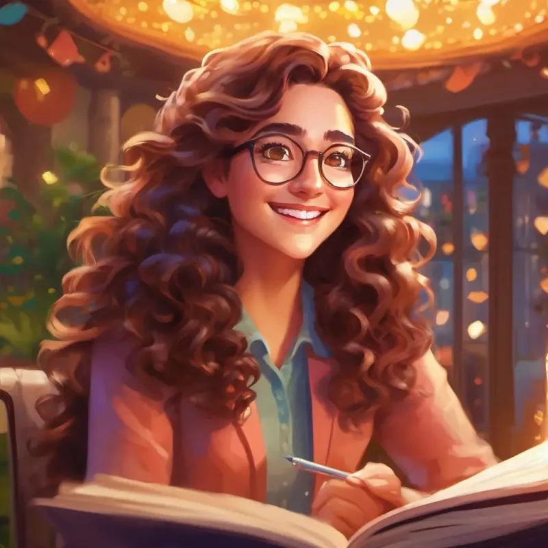 Kind psychologist with long curly hair and glasses, eyes sparkle with kindness's therapy session brings joy and laughter back to the town square as she helps her patients heal.