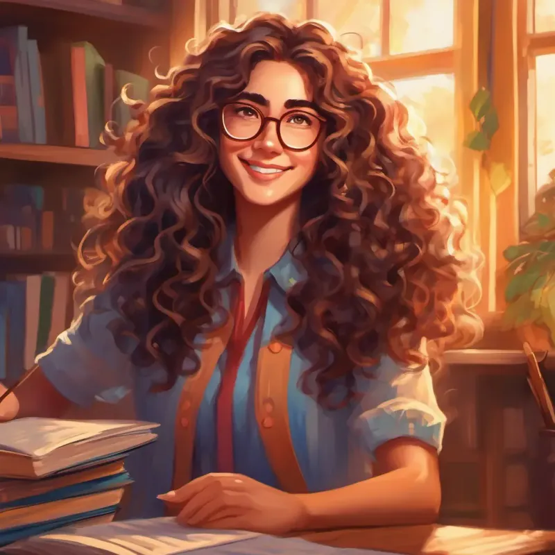 Kind psychologist with long curly hair and glasses, eyes sparkle with kindness becomes a beloved figure in Brightsville and continues her adventures in spreading happiness.