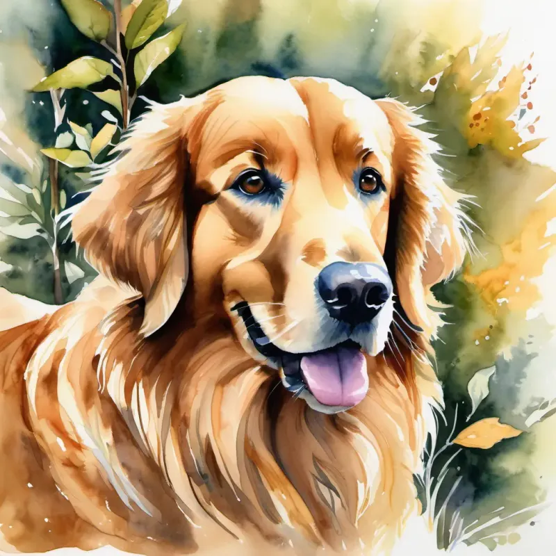 Golden retriever, friendly eyes, warm brown fur hears a meow from the bushes.