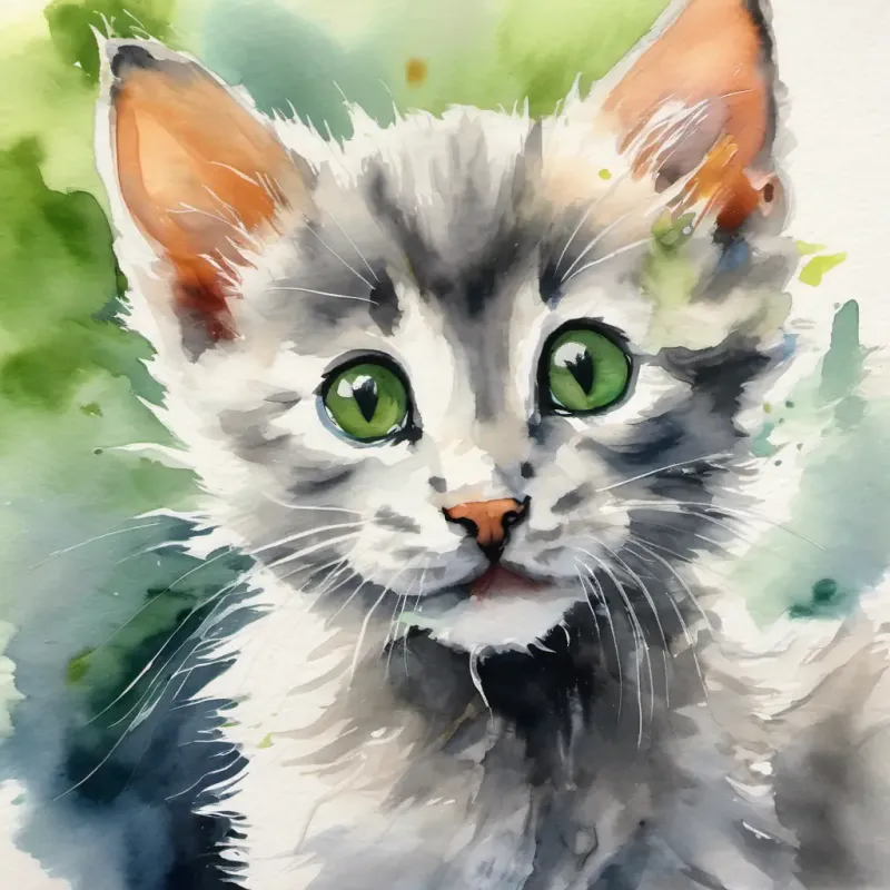 Tiny kitten, cautious, has soft gray fur and green eyes admits to causing a mess and running away.