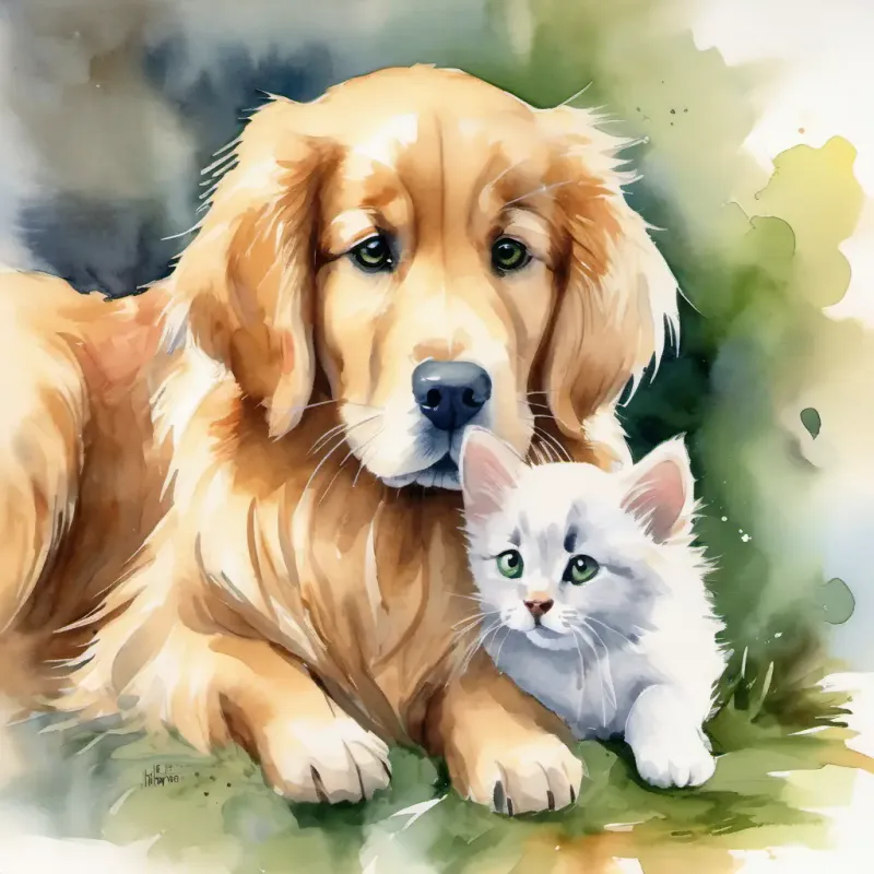 Golden retriever, friendly eyes, warm brown fur comforts Tiny kitten, cautious, has soft gray fur and green eyes on being truthful.