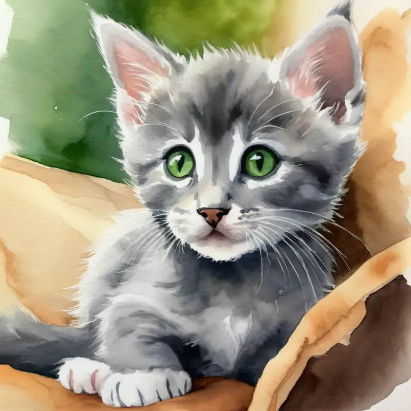 Tiny kitten, cautious, has soft gray fur and green eyes is reunited with his family.