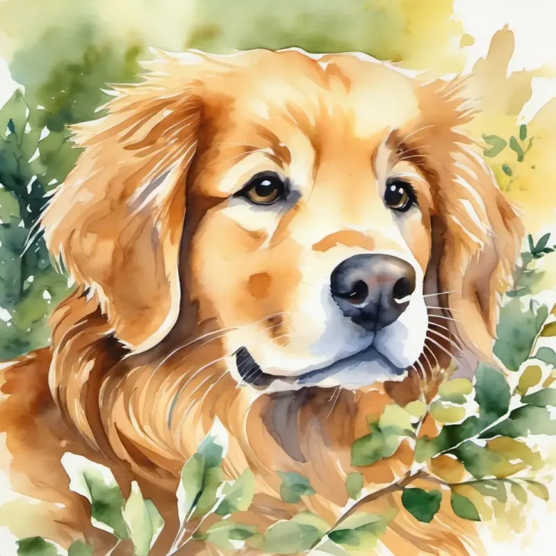 Golden retriever, friendly eyes, warm brown fur finds a kitten in the bushes.