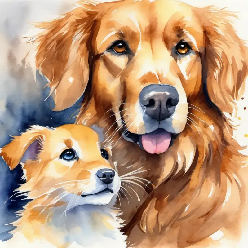 Golden retriever, friendly eyes, warm brown fur introduces himself to the kitten.