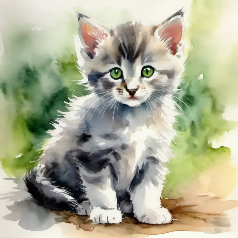 Kitten introduces itself as Tiny kitten, cautious, has soft gray fur and green eyes.