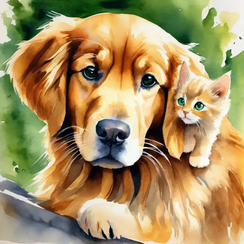 Golden retriever, friendly eyes, warm brown fur reassures Tiny kitten, cautious, has soft gray fur and green eyes they'll find her home.