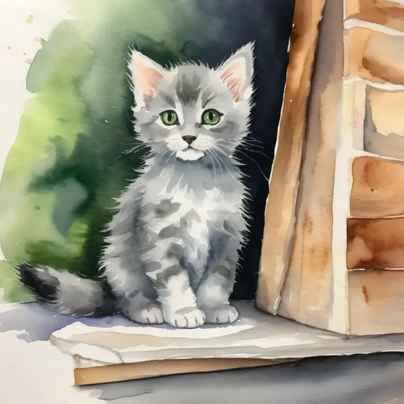 The journey to find Tiny kitten, cautious, has soft gray fur and green eyes' home begins.