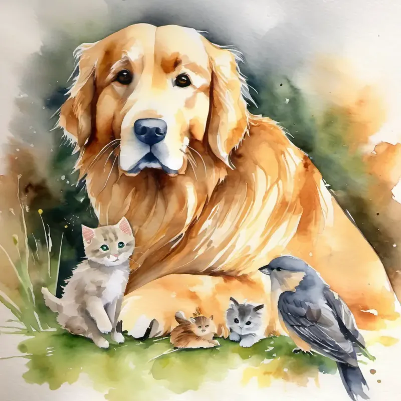 A bird offers to help Golden retriever, friendly eyes, warm brown fur and Tiny kitten, cautious, has soft gray fur and green eyes.