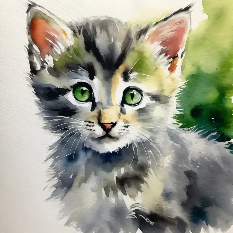 Tiny kitten, cautious, has soft gray fur and green eyes spots his family but feels uneasy.