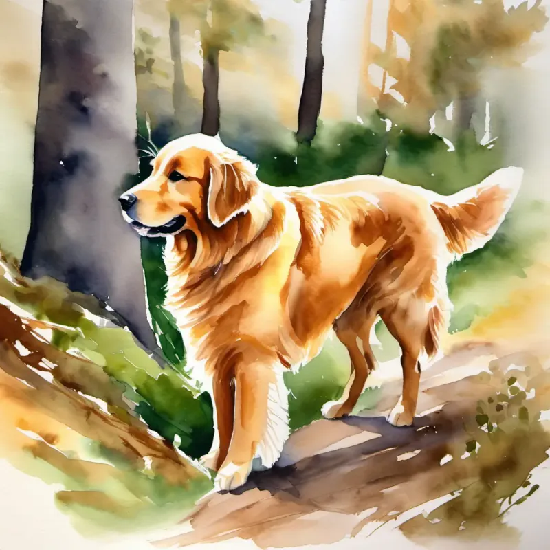 Golden retriever, friendly eyes, warm brown fur searching through the trees