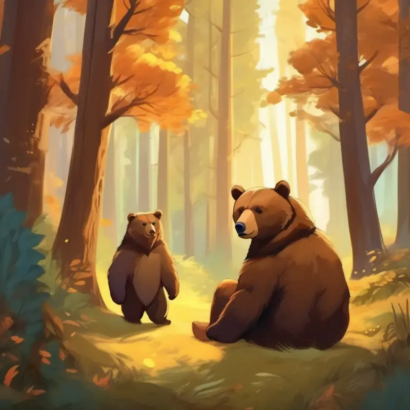 Magical forest with two bears, Strong and brave with brown fur and kind brown eyes and Clever and small with fluffy light brown fur and bright curious eyes.