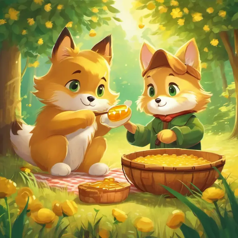 Enjoying honey picnic with Warm and caring with soft golden fur and loving green eyes.
