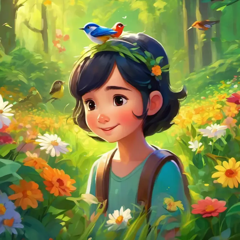 In a lush green land with colorful flowers and singing birds, little Fair skin, straight hair, age 3, kind-hearted, adventurous with fair skin and straight hair hears a cry from the Earth.