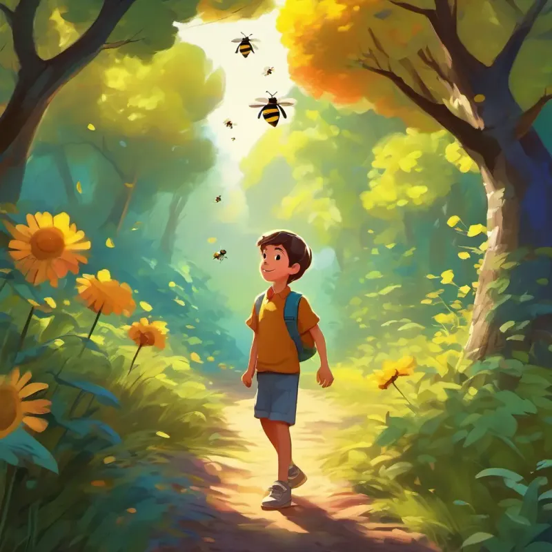 Fair skin, straight hair, age 3, kind-hearted, adventurous walks through the colorful woods and hears a buzzing sound. He sees a busy group of bees buzzing around a bush.