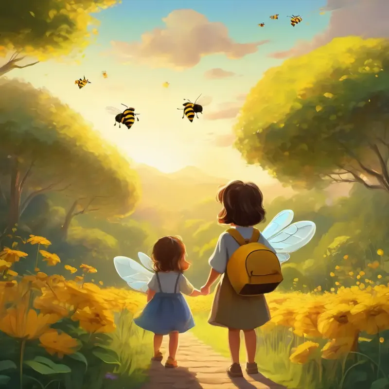 Fair skin, straight hair, age 3, kind-hearted, adventurous gently asks the bees to go away and find a new place to stay. The bees listen and fly away to a new home.