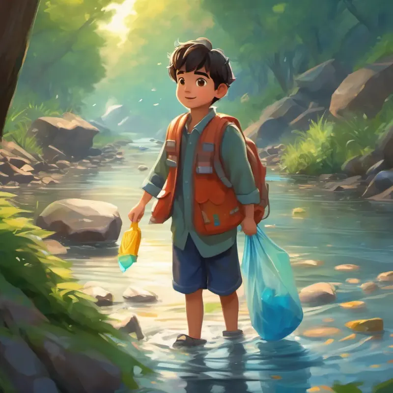 Fair skin, straight hair, age 3, kind-hearted, adventurous comes across a polluted river filled with trash and plastic. He quickly takes action by grabbing a bag and cleaning up the river.
