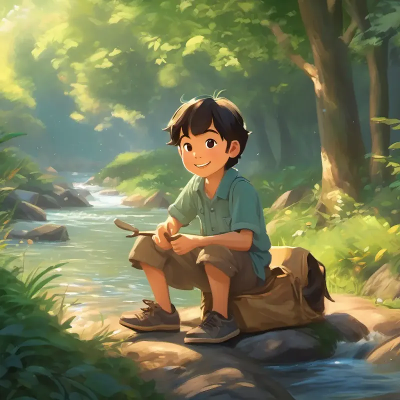 Fair skin, straight hair, age 3, kind-hearted, adventurous picks up the trash one by one, making the river clean and sparkling. He then shares his story with friends and family, who all join in to help.