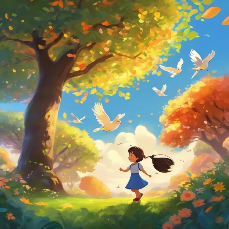 The Earth is now happy and clean. Fair skin, straight hair, age 3, kind-hearted, adventurous dances happily under a bright shining tree, with birds chirping and flowers swaying.