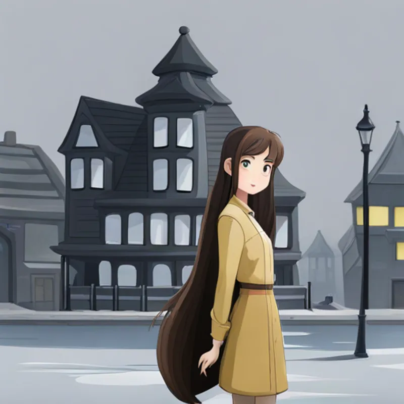 Lily standing in front of a gray town