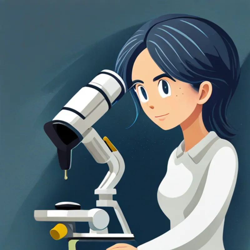 Lily looking through a microscope and observing gray dust particles