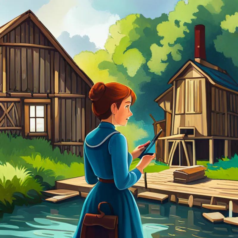 Lily questioning Mrs Jenkins in front of the abandoned old mill