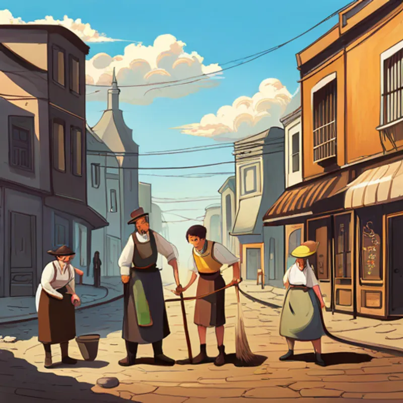 Townspeople and Lily cleaning up the ash and restoring color