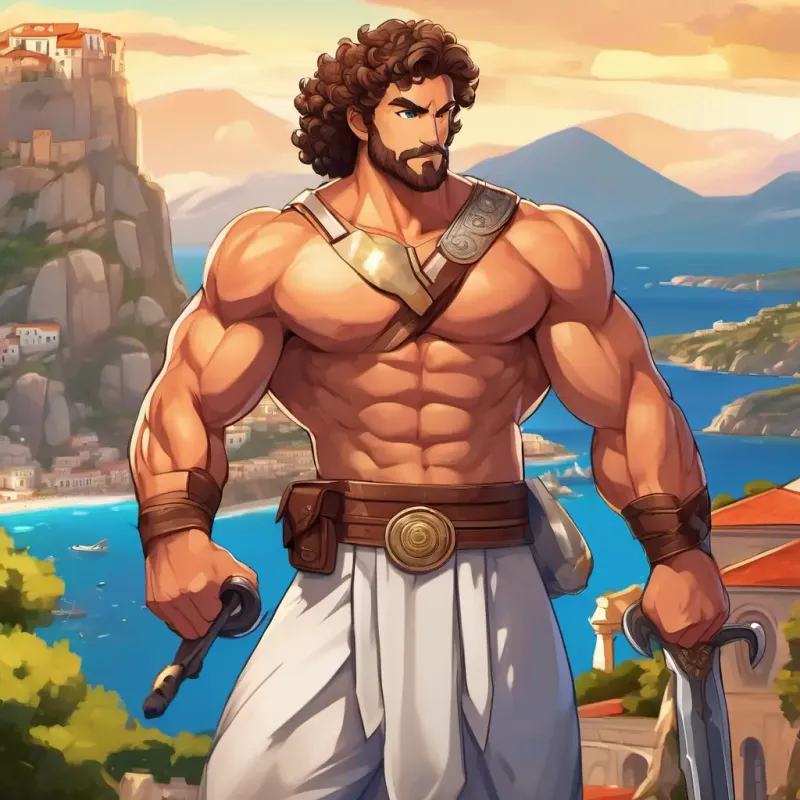 A drawing of Curly brown hair, sparkling blue eyes, strong muscles (10 words max) with a confident smile and strong muscles, standing in front of the beautiful landscapes of Greece. The Large numbers, advanced weaponry (10 words max) can be seen in the background, displaying their strength.