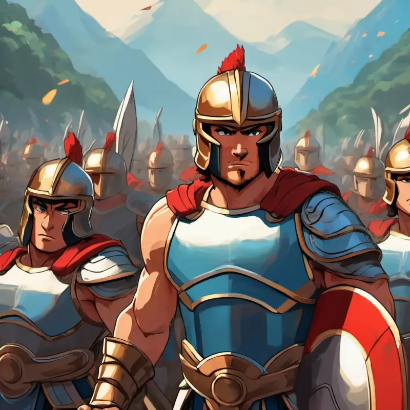 A depiction of Curly brown hair, sparkling blue eyes, strong muscles (10 words max) training with other Spartans, showing their intense physical training and determination. They are wearing their Spartan armor, which is made of bronze and has a large red crest on their helmets.
