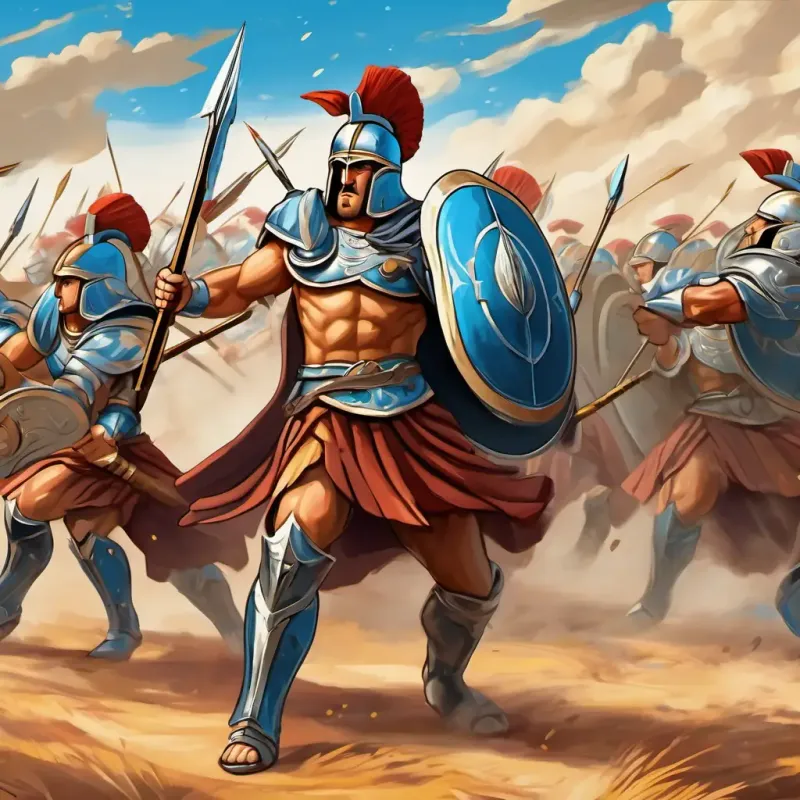 A drawing of the Spartan phalanx formation, with Curly brown hair, sparkling blue eyes, strong muscles (10 words max) positioned in the center. The Persians are shown attacking, but their arrows and spears are bouncing off the Spartan shields.