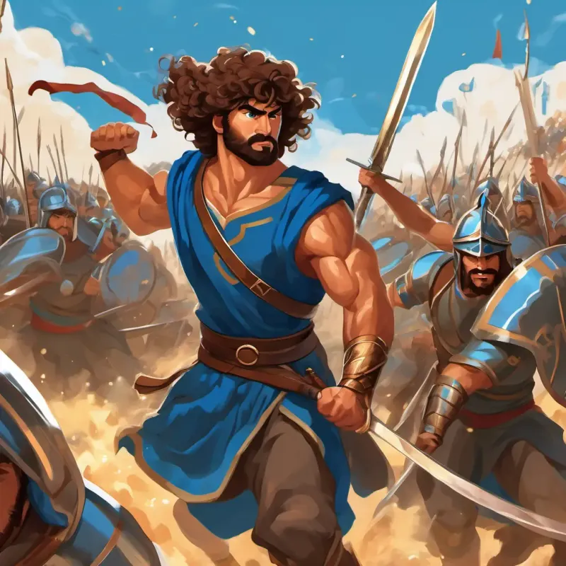 An illustration of Curly brown hair, sparkling blue eyes, strong muscles (10 words max) in the midst of battle, swinging his sword with determination. The Persian soldiers are shown retreating, while the Spartans stand strong and victorious.