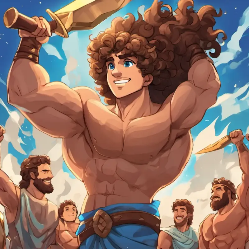 A final illustration of Curly brown hair, sparkling blue eyes, strong muscles (10 words max) being celebrated by his fellow Spartans, with smiles on their faces and their hands raised in victory. Curly brown hair, sparkling blue eyes, strong muscles (10 words max) is wearing a laurel wreath on his head, symbolizing his bravery and achievements.