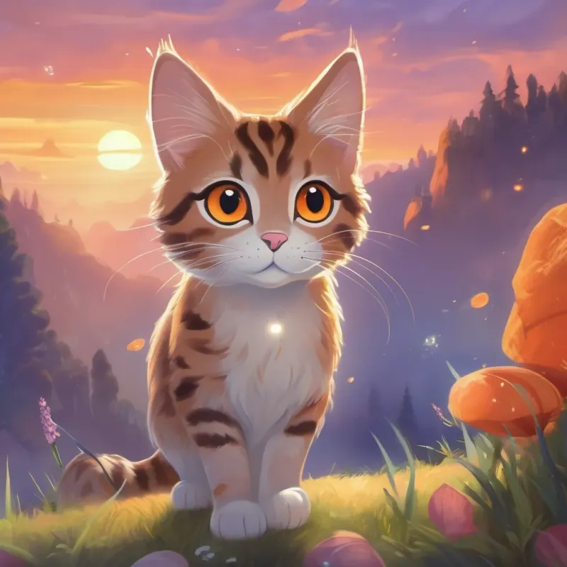 Generate an image of Generate an image of a brave and adventurous cat named Whiskers, orange with stripes and sparkling eyes and the fairies exploring various natural landscapes.