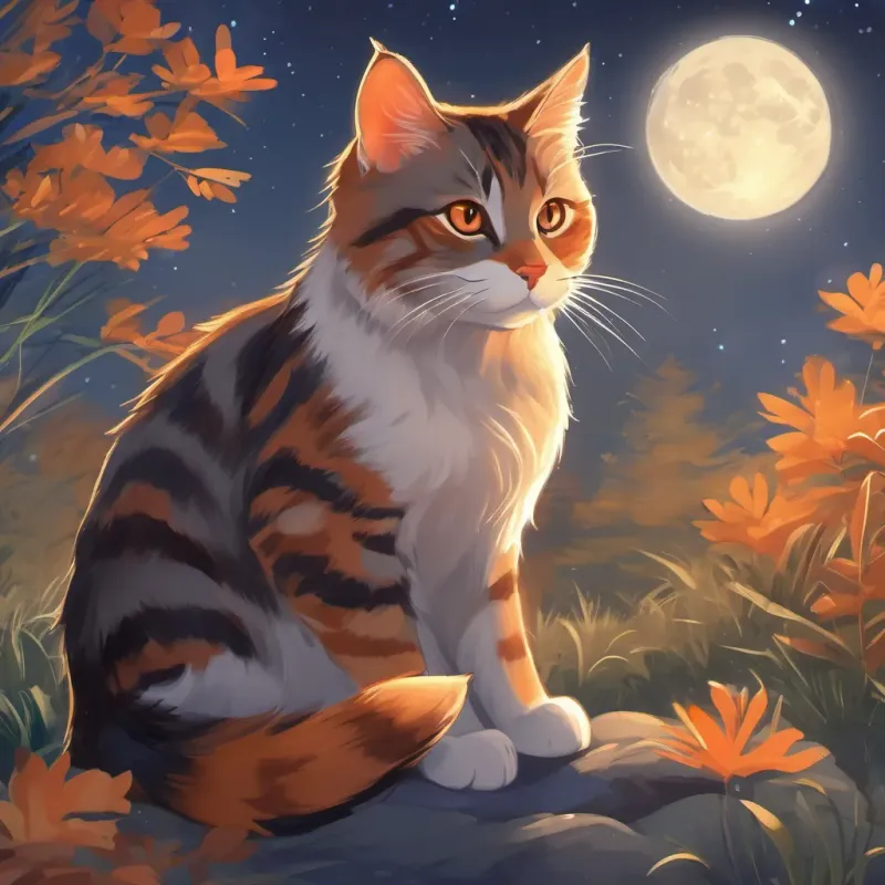 Generate an image of Generate an image of a brave and adventurous cat named Whiskers, orange with stripes and sparkling eyes purring contentedly under the moonlight.