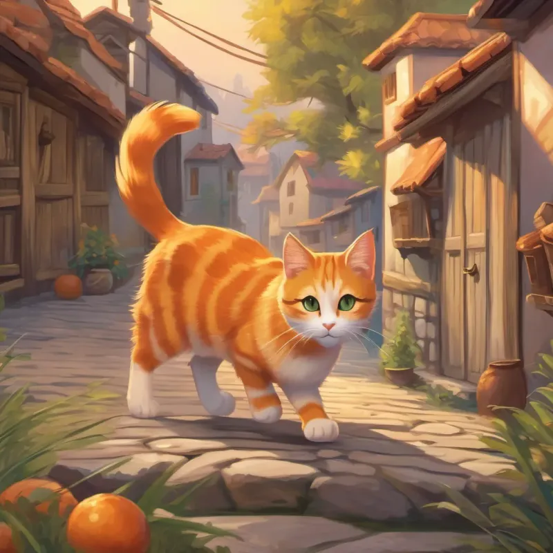 Generate an image of Generate an image of a brave and adventurous cat named Whiskers, orange with stripes and sparkling eyes exploring the village, skipping and bounding joyfully.
