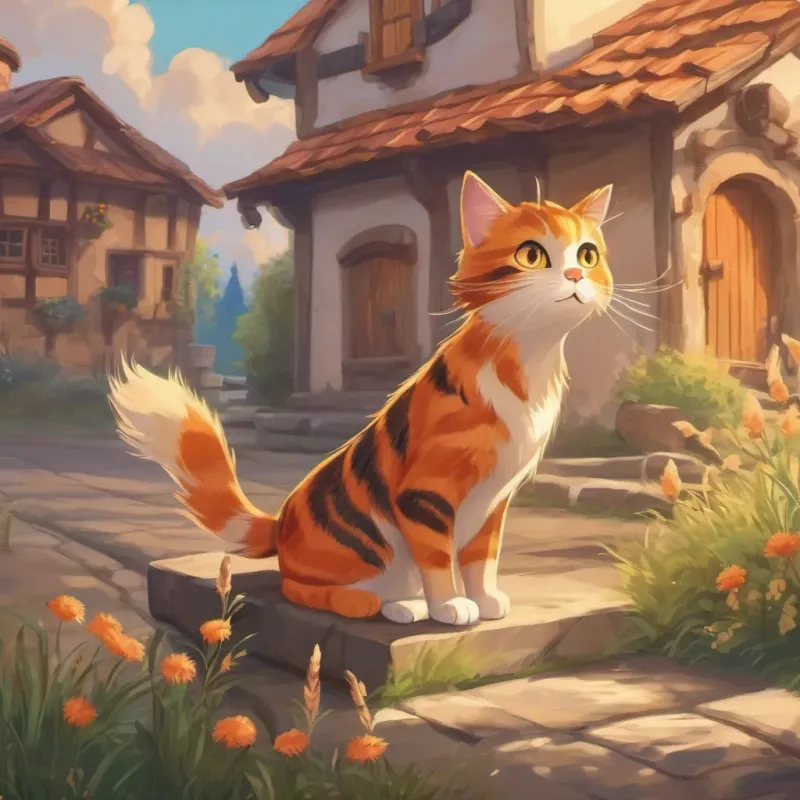 Generate an image of Generate an image of a brave and adventurous cat named Whiskers, orange with stripes and sparkling eyes whispering to friends in the village.