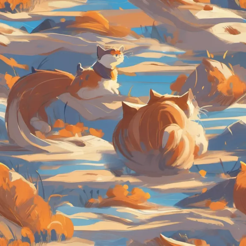 Generate an image of Generate an image of a brave and adventurous cat named Whiskers, orange with stripes and sparkling eyes hearing a giggle under the blue sky.