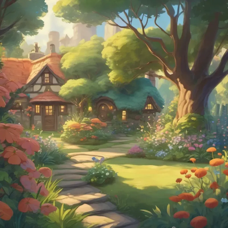 Generate an image of a hidden garden behind a cozy cottage, with fairies playing.