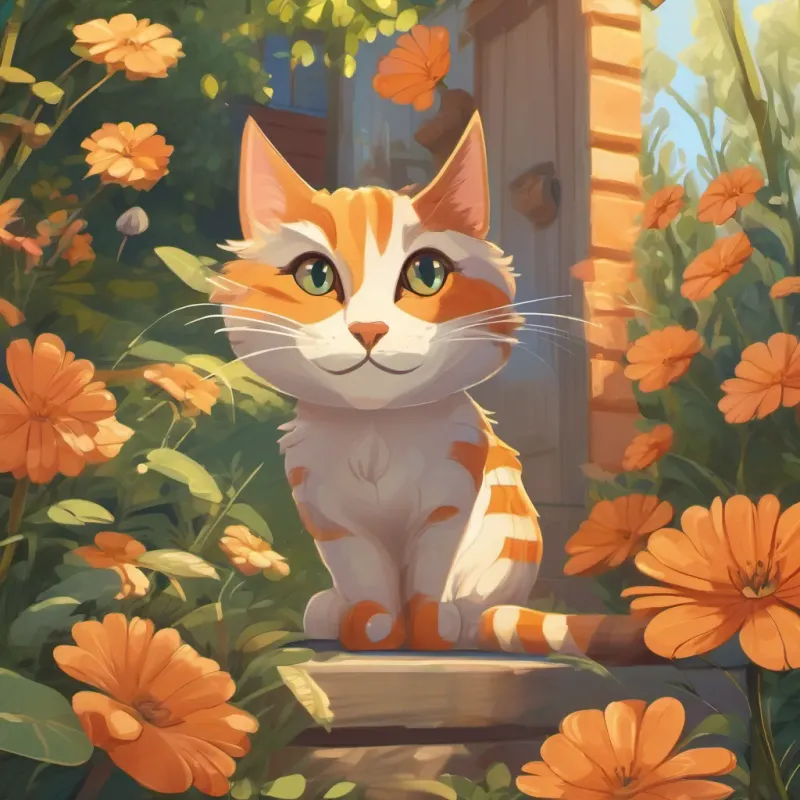 Generate an image of Generate an image of a brave and adventurous cat named Whiskers, orange with stripes and sparkling eyes tiptoeing closer to the garden, heart pounding.