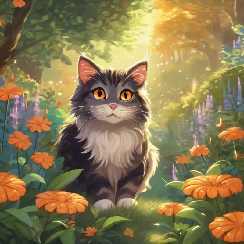 Generate an image of Generate an image of a brave and adventurous cat named Whiskers, orange with stripes and sparkling eyes introducing himself to the fairies in the garden.