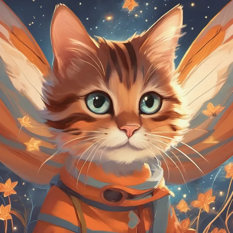 Generate an image of fairies twinkling and flying around Generate an image of a brave and adventurous cat named Whiskers, orange with stripes and sparkling eyes.