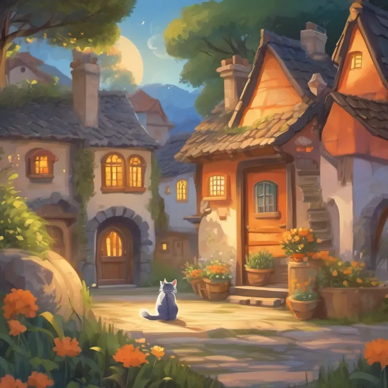 Generate an image of Generate an image of a brave and adventurous cat named Whiskers, orange with stripes and sparkling eyes and the fairies exploring the village happily.