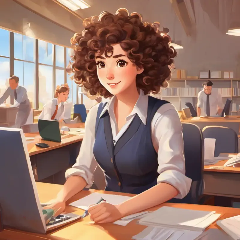 Office, Curly hair, bright eyes, energetic, ready to tackle challenges, team, challenges, teamwork