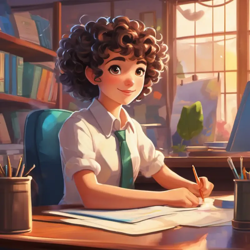 Office, Curly hair, bright eyes, energetic, ready to tackle challenges, party, success, fun